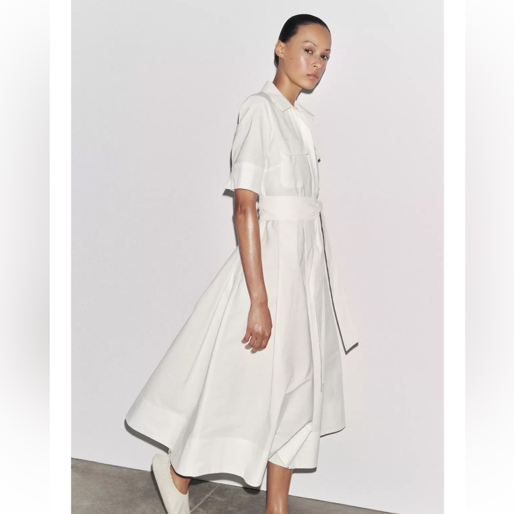 Zara White Midi Shirt Dress with Tie Waist - Picture 9 of 9